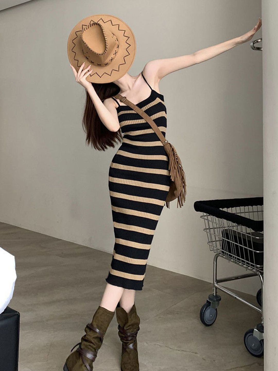 DressBerry Women Striped Bodycon Midi Dress