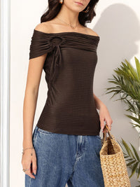 DressBerry Trendsetter Queen Off-Shoulder Striped Cut-Out Ring Detail Fitted Top