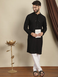 Anouk Kolar Mandarin Sulam Geometrik Kurta Lurus Kapas Labuci dengan Churidar