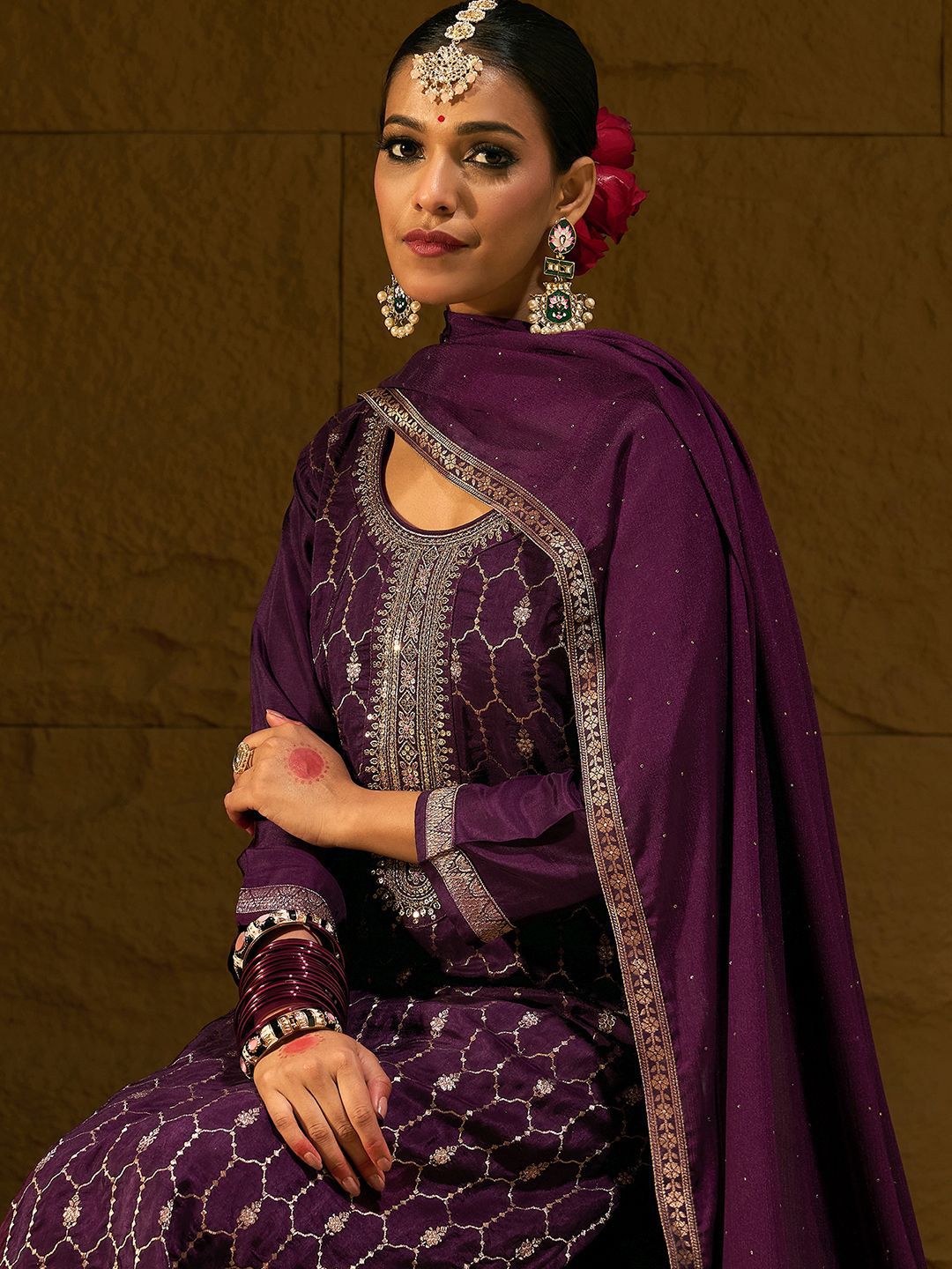 Indo Era Burgundy Geometric Embroidered Jacquard Weave Kurta with Trousers & Dupatta