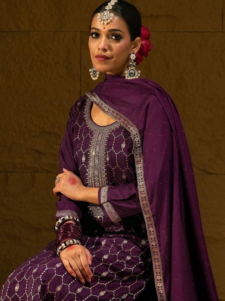 Indo Era Burgundy Geometric Embroidered Jacquard Weave Kurta with Trousers & Dupatta