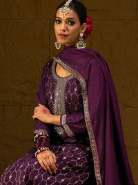 Indo Era Burgundy Geometric Embroidered Jacquard Weave Kurta with Trousers & Dupatta