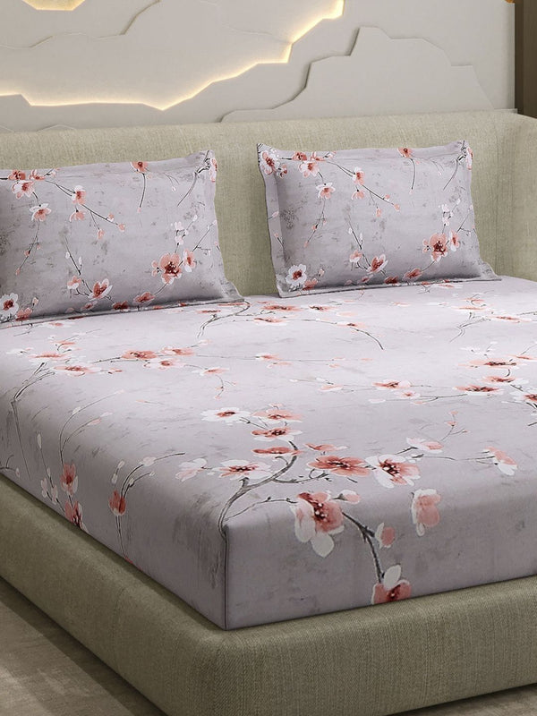 Monte Carlo Grey & Pink Printed Cotton 104 TC Queen Bedsheet Set 2.24 m x 2.54 m