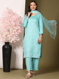 Mamicha Women Embroidered Regular Thread Work Pure Cotton Kurta with Palazzos & With Dupatta