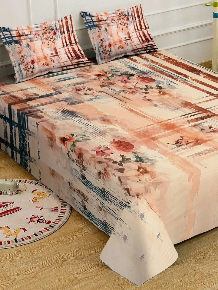 KLOTTHE Coklat & Peach-Coloured Floral 300 TC Cadar King dengan 2 Sarung Bantal