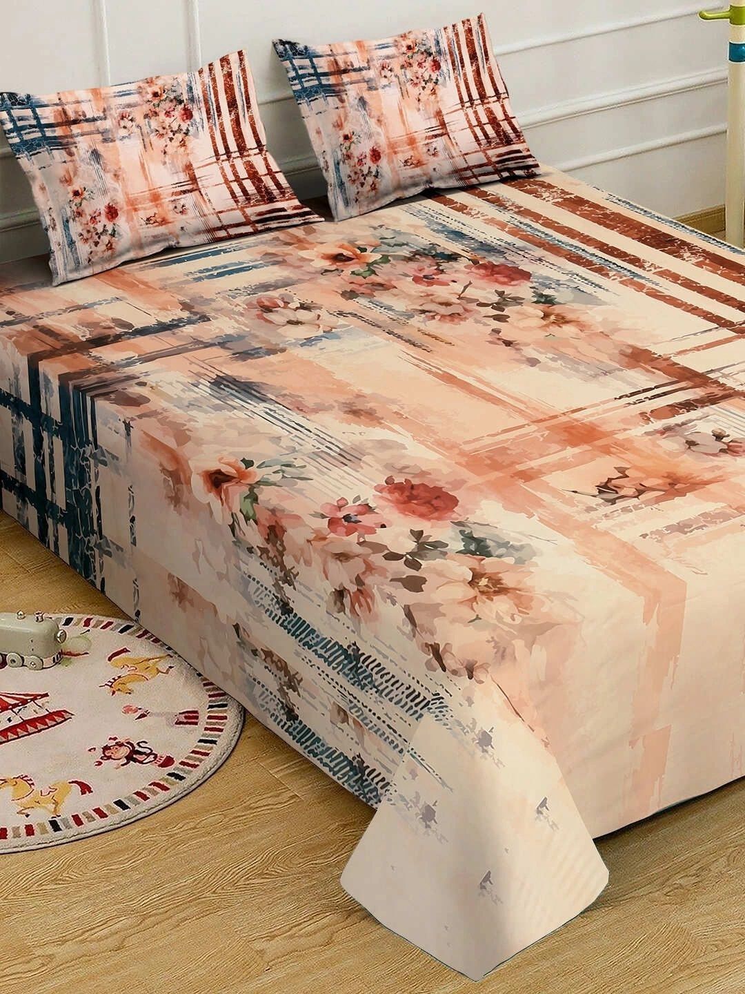 KLOTTHE Coklat & Peach-Coloured Floral 300 TC Cadar King dengan 2 Sarung Bantal