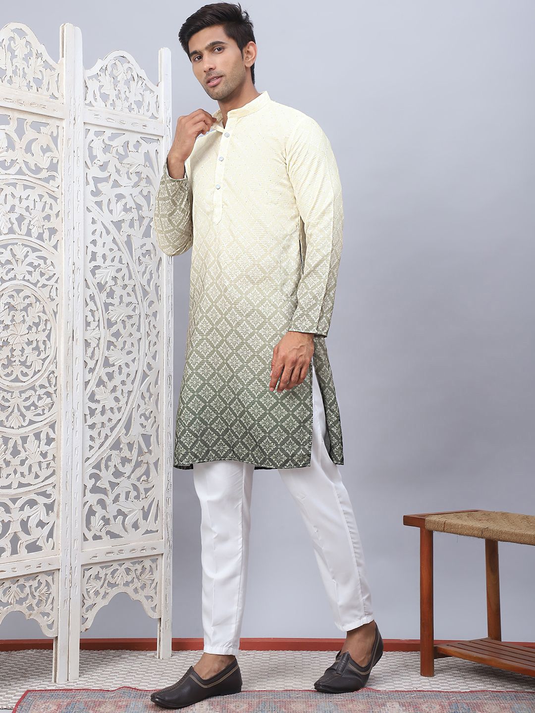Jompers Ombre Printed Mandarin Collar Sequinned Straight Kurta With Pyjamas