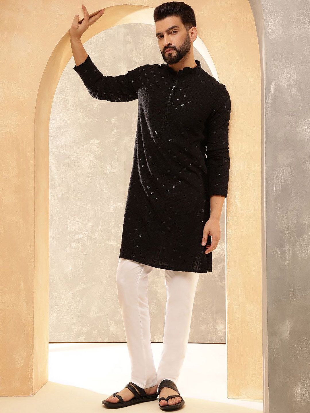 Anouk Black Mandarin Collar Geometric Embroidered Sequinned Pure Cotton Straight Kurta