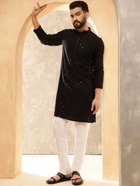 Anouk Black Mandarin Collar Geometric Embroidered Sequinned Pure Cotton Straight Kurta