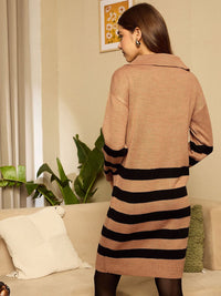 Berrylush Women Striped V-Neck Longline Pullover Sweater