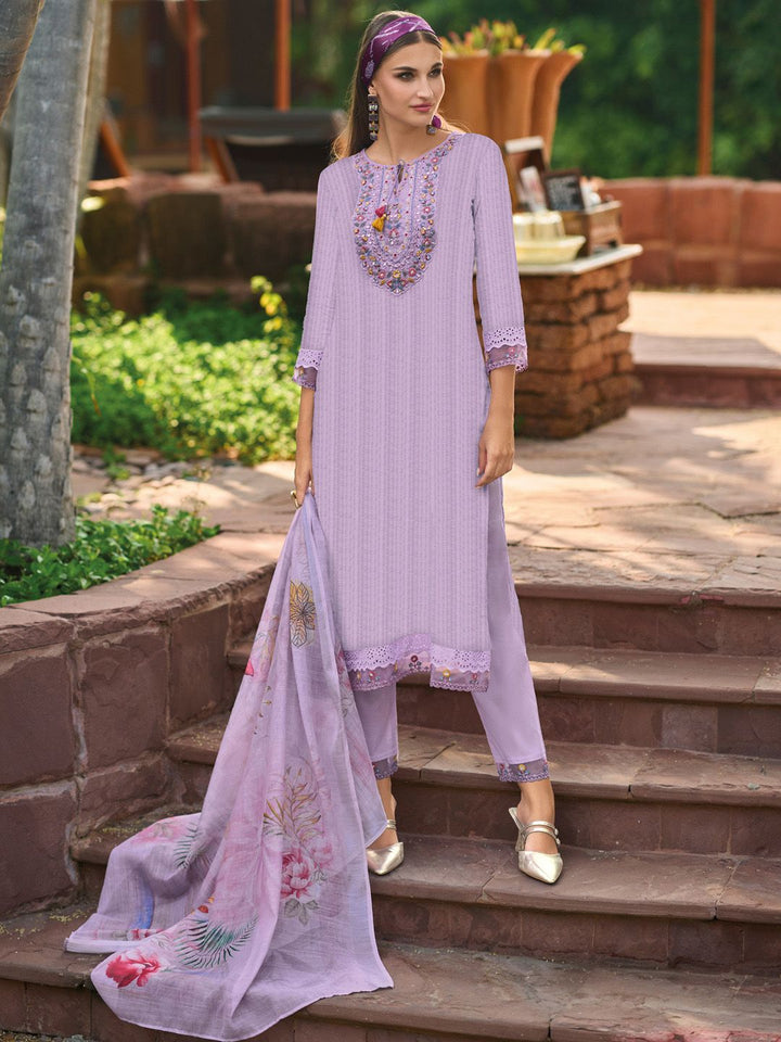 Indo Era Lavender Floral Embroidered Tie Up Neck Pure Cotton Kurta with Trousers & Dupatta