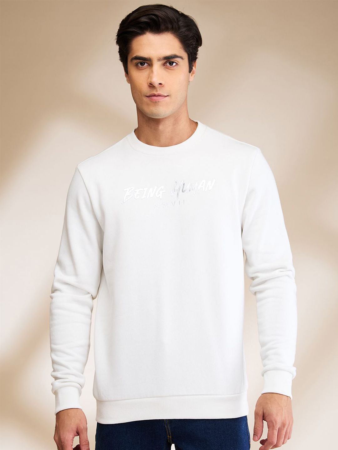 Being Human Men Brand Logo Printed Round Neck Cotton Pullover Sweatshirt