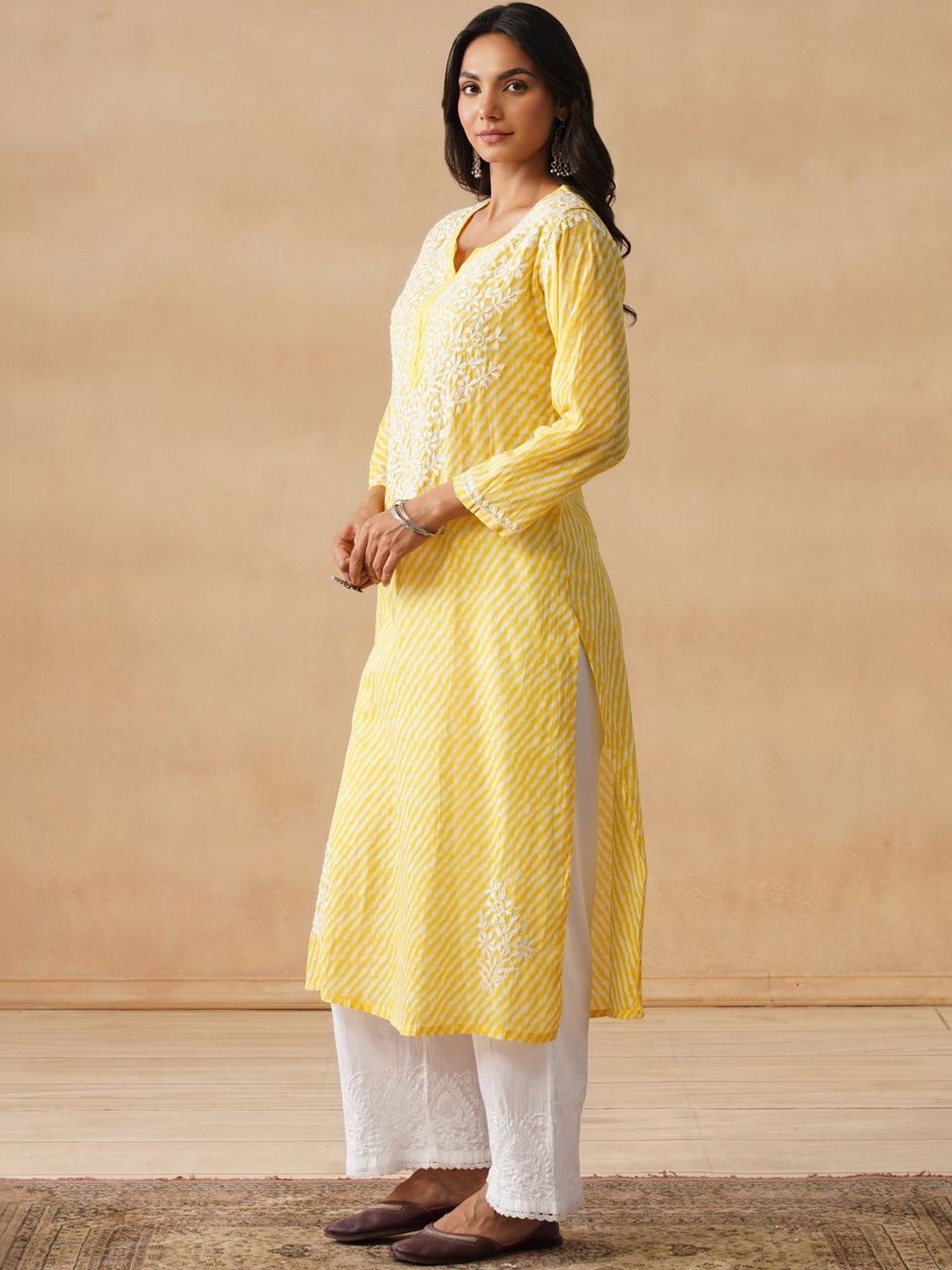 Kurta Bercetak Kuning Rumah Wanita Chikankari