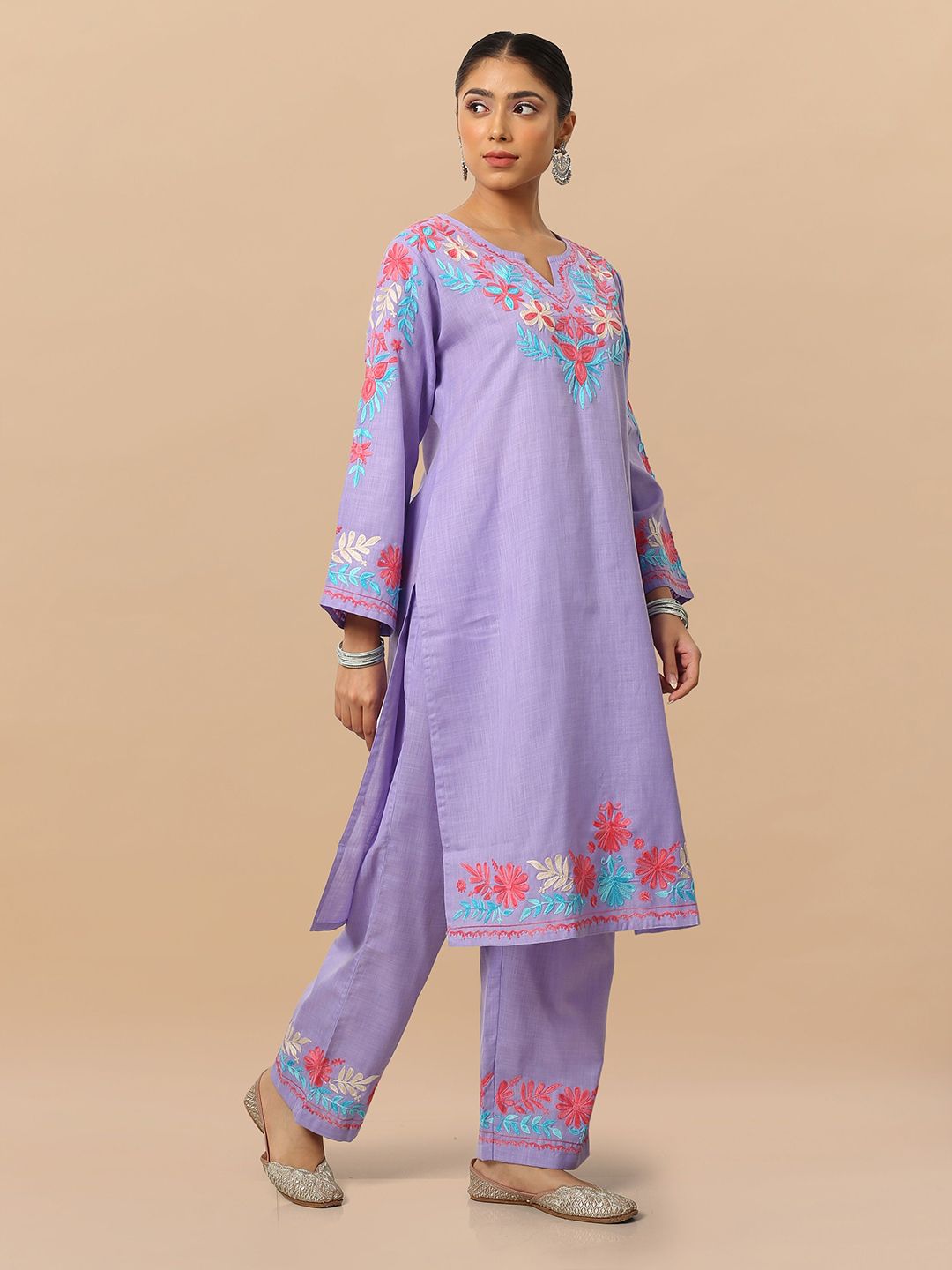 HOUSE OF KARI Flora Embroidered Thread Work Falak Kashmiri Straight Kurta With Trousers