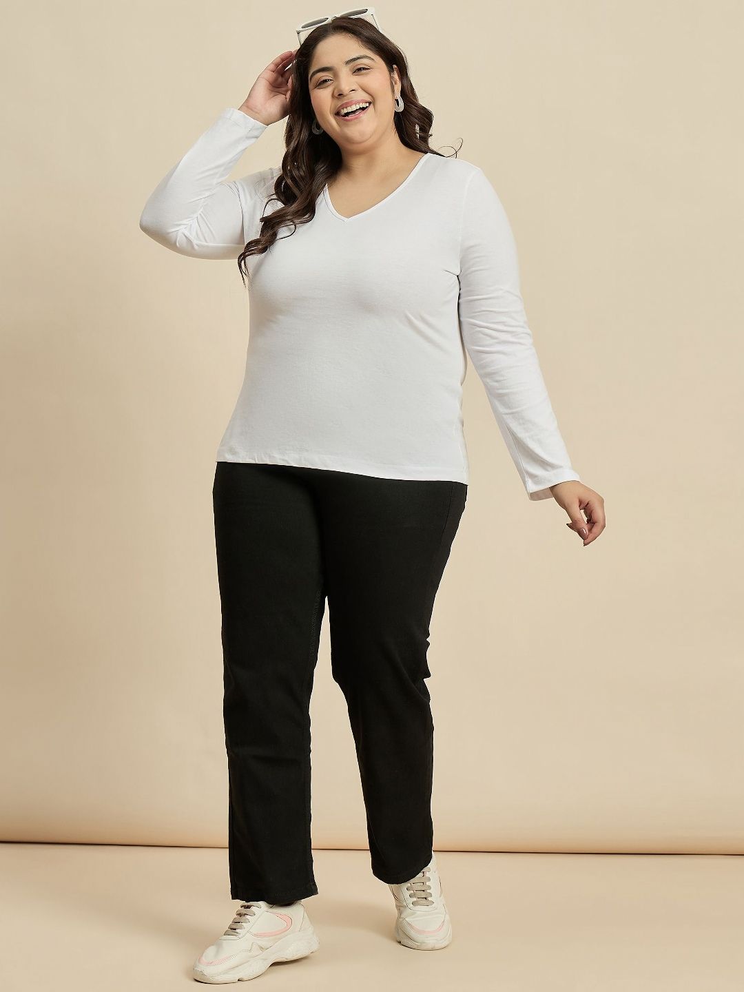 CURVY STREET Women Solid V-Neck Cotton Plus Size T-shirt