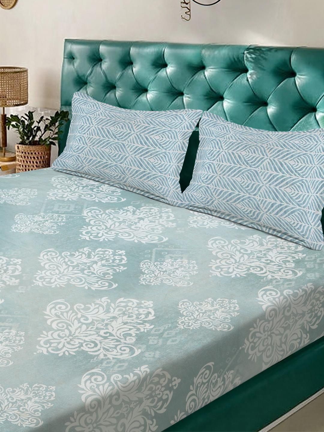 KLOTTHE Green Polycotton Floral Fine Flat 300 GSM King Bedsheets