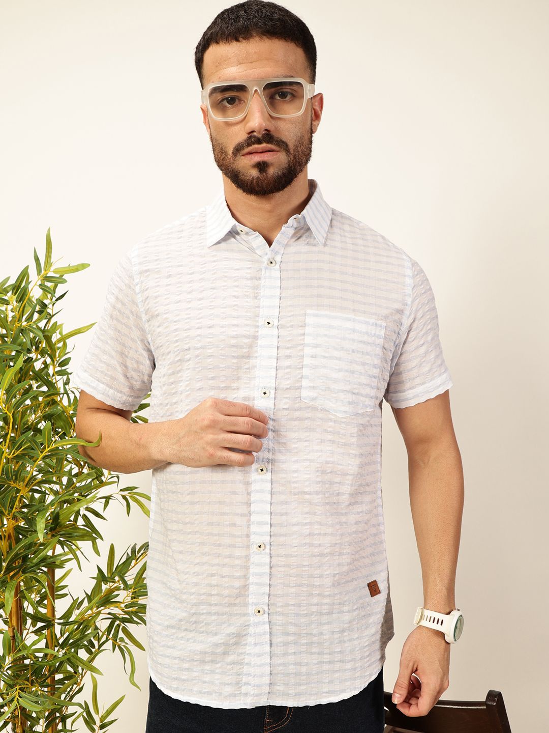 Thomas Scott Premium Spread Collar Seersucker Checks Pure Cotton Casual Shirt