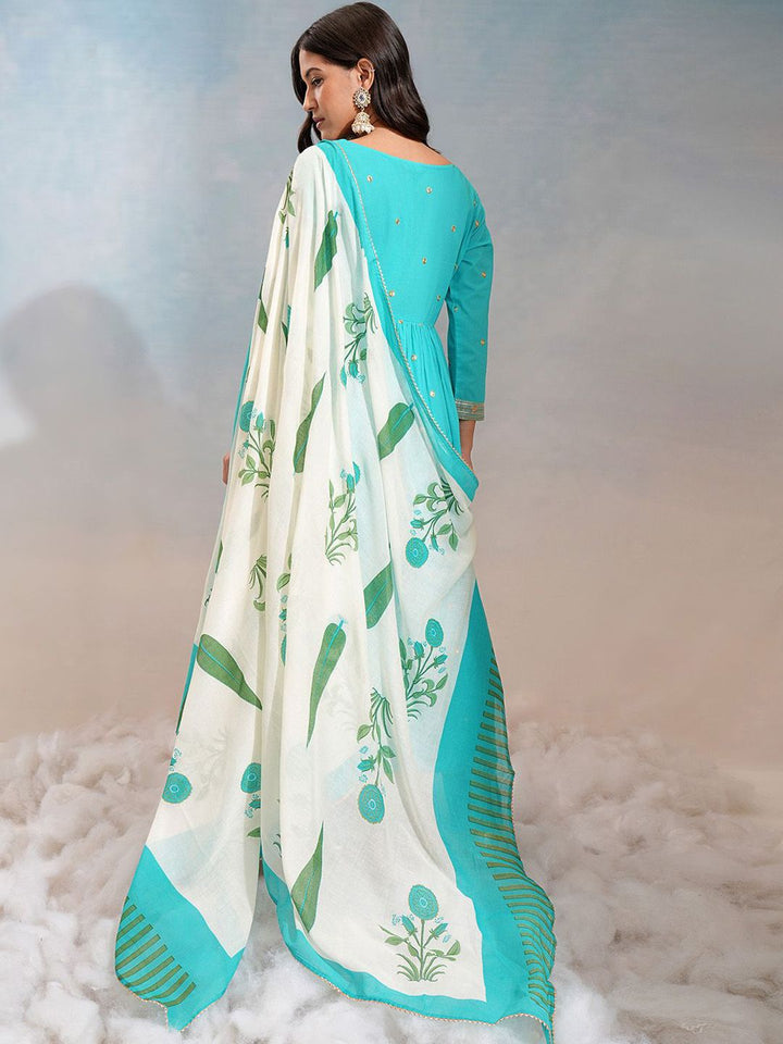 Vishudh Blue Floral Embroidered Sweetheart Neck Pure Cotton Kurta With Trousers & Dupatta
