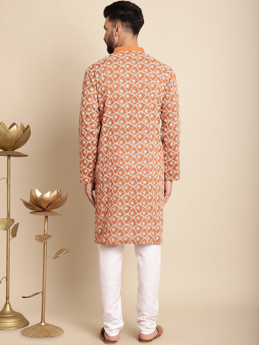 Anouk Orange-Coloured & White Floral Embroidered Thread Work Pure Cotton Kurta Set