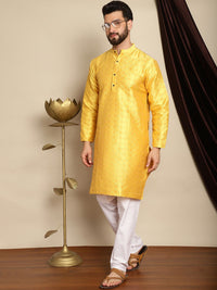 Anouk Yellow Ethnic Motifs Woven Design Mandarin Collar Straight Jaquard Silk Kurta