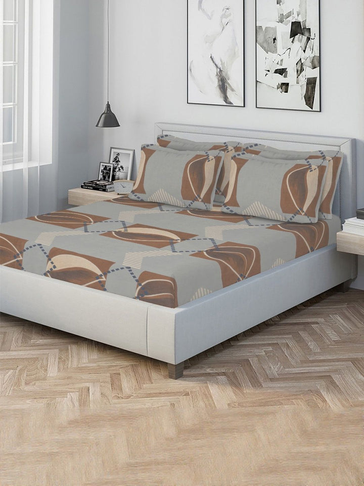 KLOTTHE Kelabu & Coklat Geometrik 300 TC Cadar Katil King dengan 4 Sarung Bantal