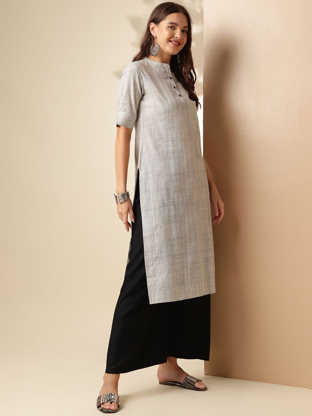 Anouk Grey Striped Woven Design Mandarin Collar Short Sleeves Pure Cotton Kurta