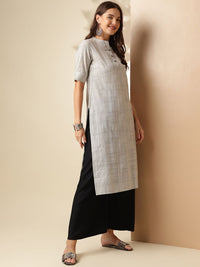 Anouk Grey Striped Woven Design Mandarin Collar Short Sleeves Pure Cotton Kurta
