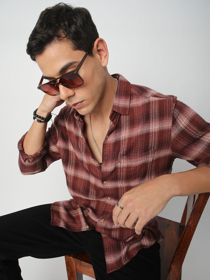 VASTRADO Men Classic Spread Collar Checked Cotton Slim Fit Casual Shirt