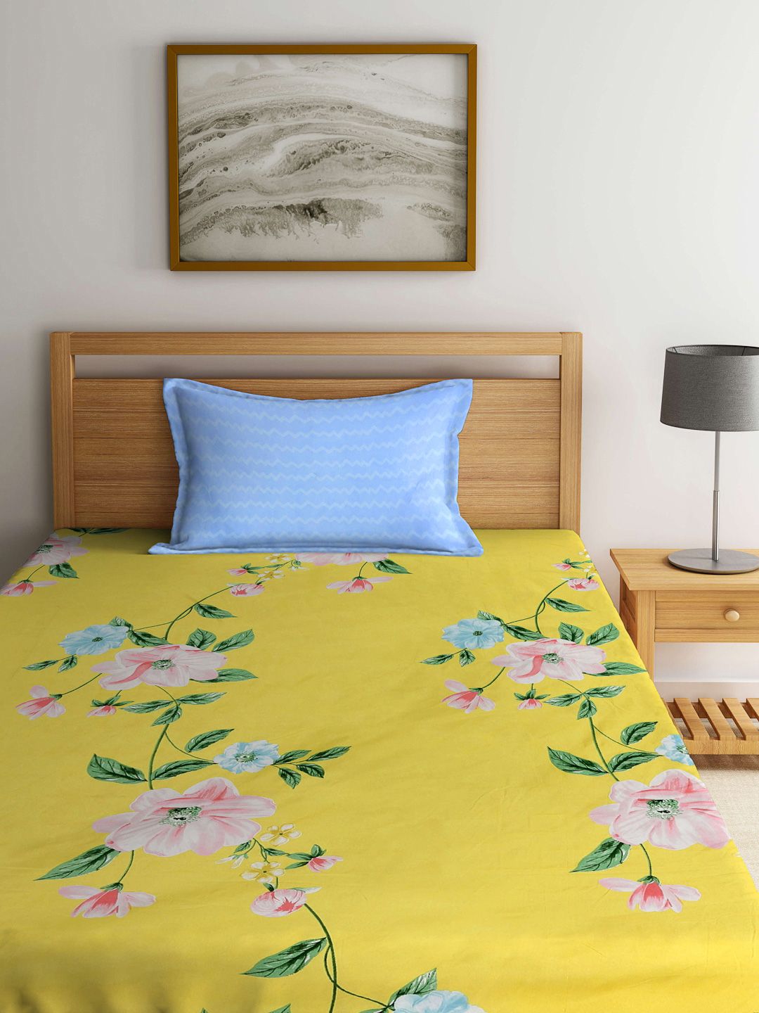Myntra Elegant Homes Yellow & Green Printed 300 TC Fitted Single Bedsheet Set 2.25 x 1.5 m