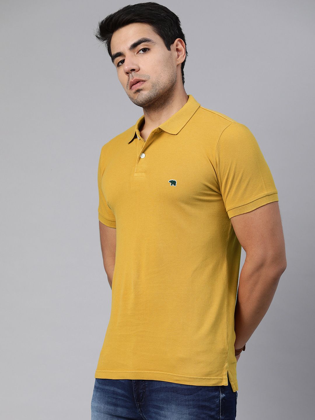 THE BEAR HOUSE Men Mustard Yellow Solid Polo Collar Pure Cotton T-shirt