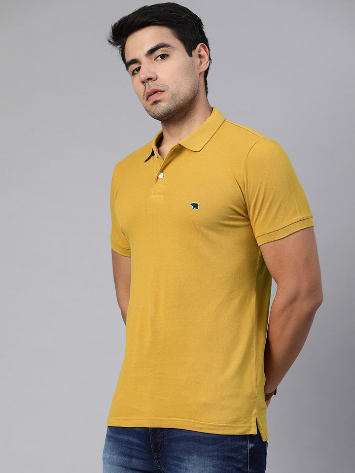 THE BEAR HOUSE Men Mustard Yellow Solid Polo Collar Pure Cotton T-shirt