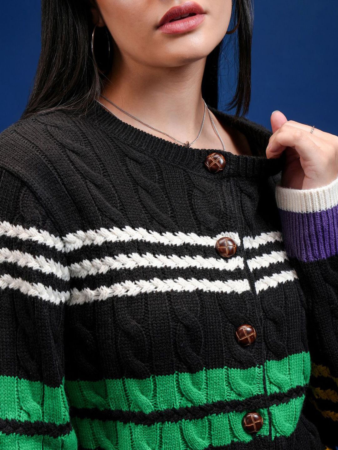 Tokyo Talkies Women Self Design Cable Knit Cardigan Sweater