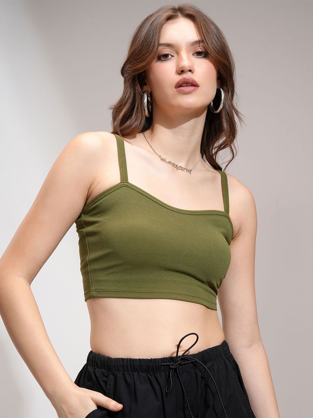 Tokyo Talkies Women Solid Shoulder Strap Crop Top