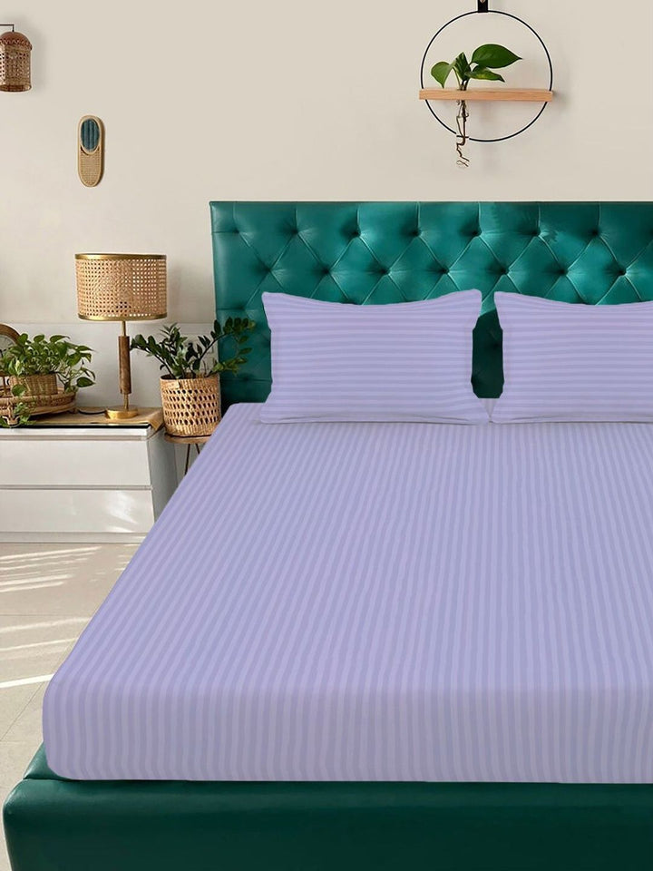 KLOTTHE Lavender Striped 300 TC King Size Bedsheet with 2 Pillow Covers