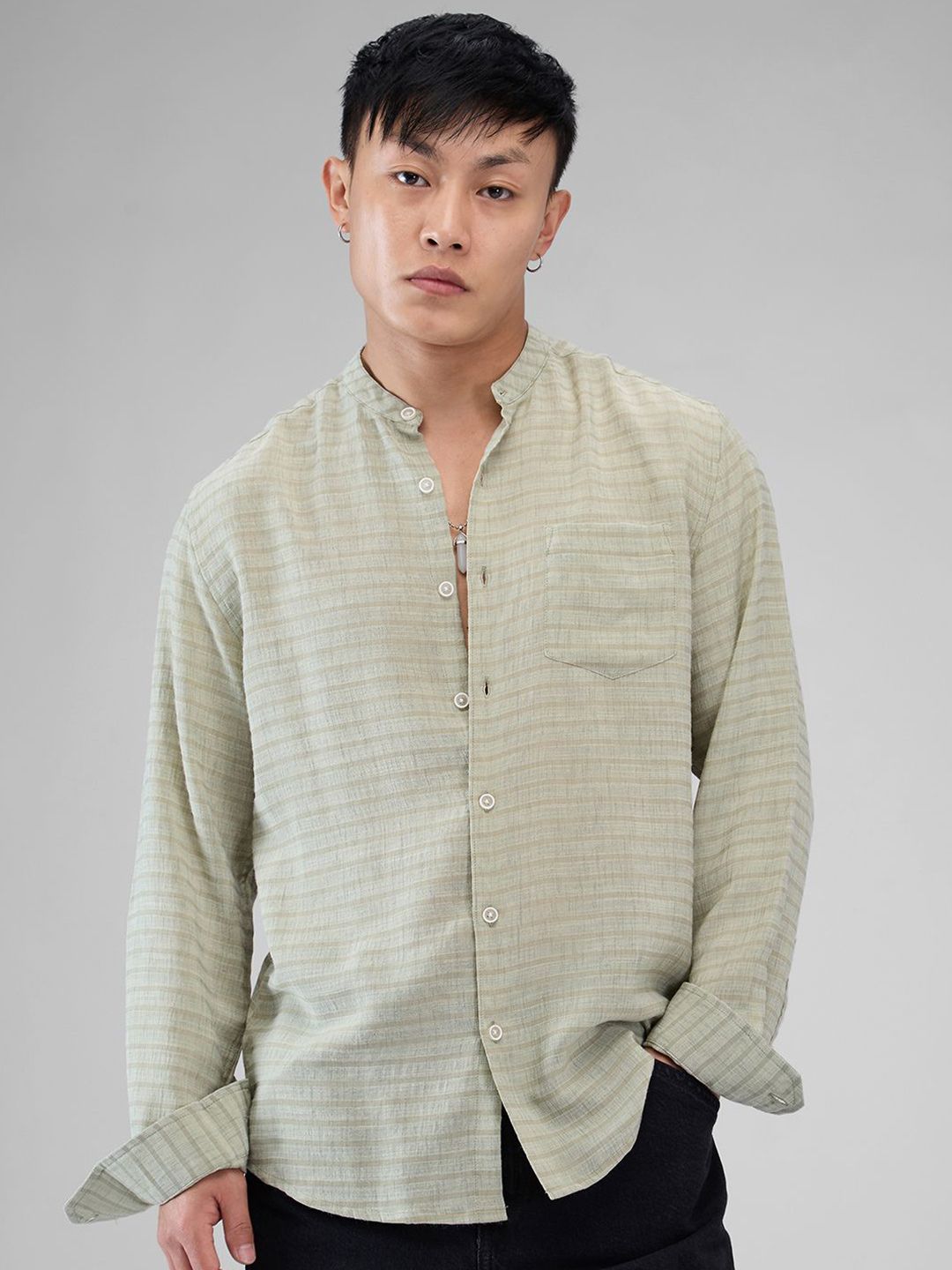 VASTRADO Men Classic Band Collar Horizontal Striped Cotton Casual Shirt