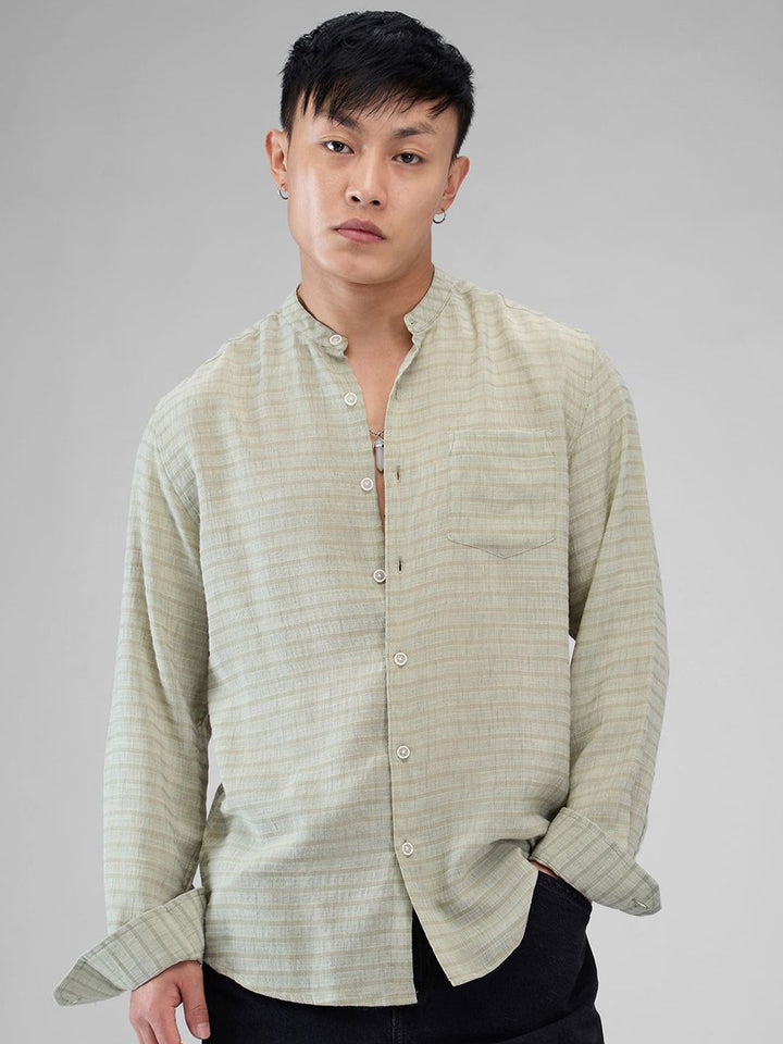 VASTRADO Men Classic Band Collar Horizontal Striped Cotton Casual Shirt