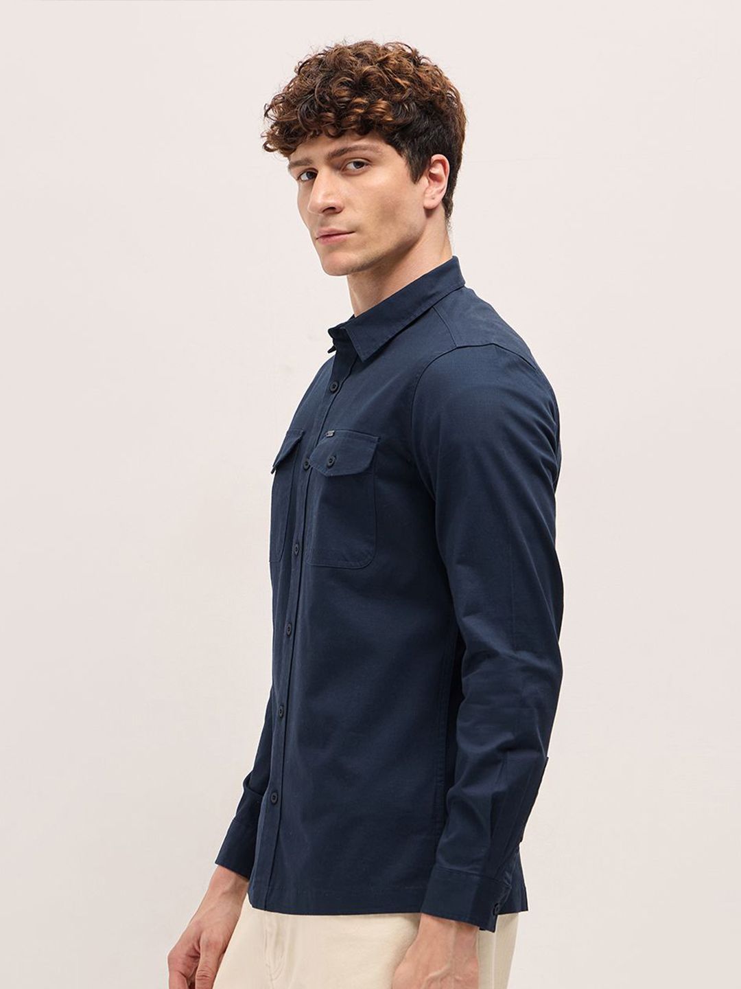 THE BEAR HOUSE Men Spread Collar Solid Cotton Casual Shirt