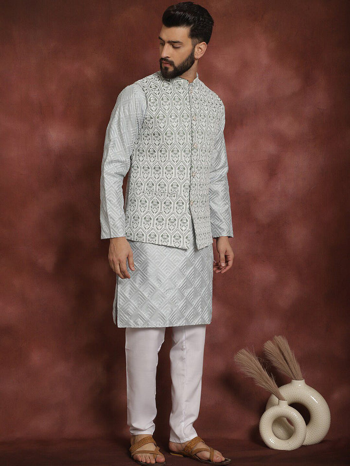 Anouk Embroidered Regular Thread Work Kurta Churidar with Nehru jacket