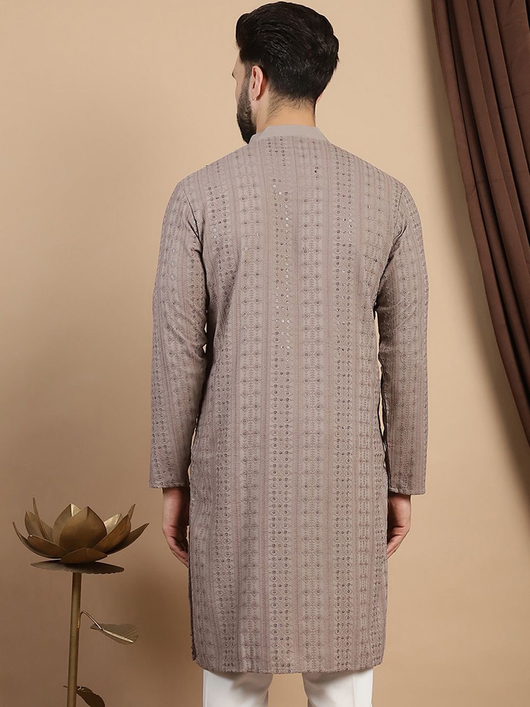 Anouk Floral Embroidered Thread Work Sequinned  Mandarin Collar Pure Cotton Straight Kurta