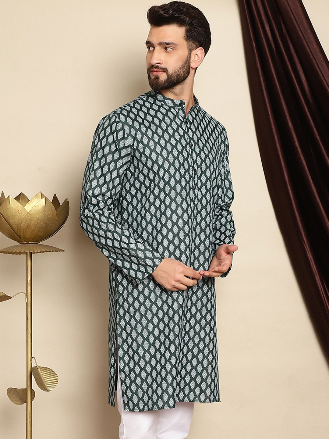 Motif Etnik Hijau Anouk Bercetak Kurta Linen Kapas Lurus