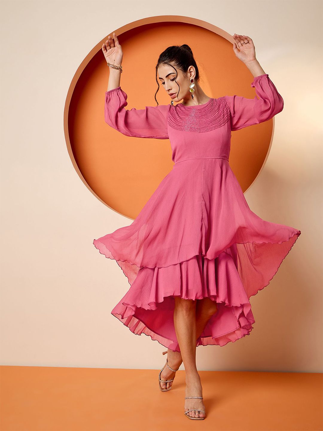 Antheaa Embellished Puff Sleeve Chiffon Fit & Flare Dress