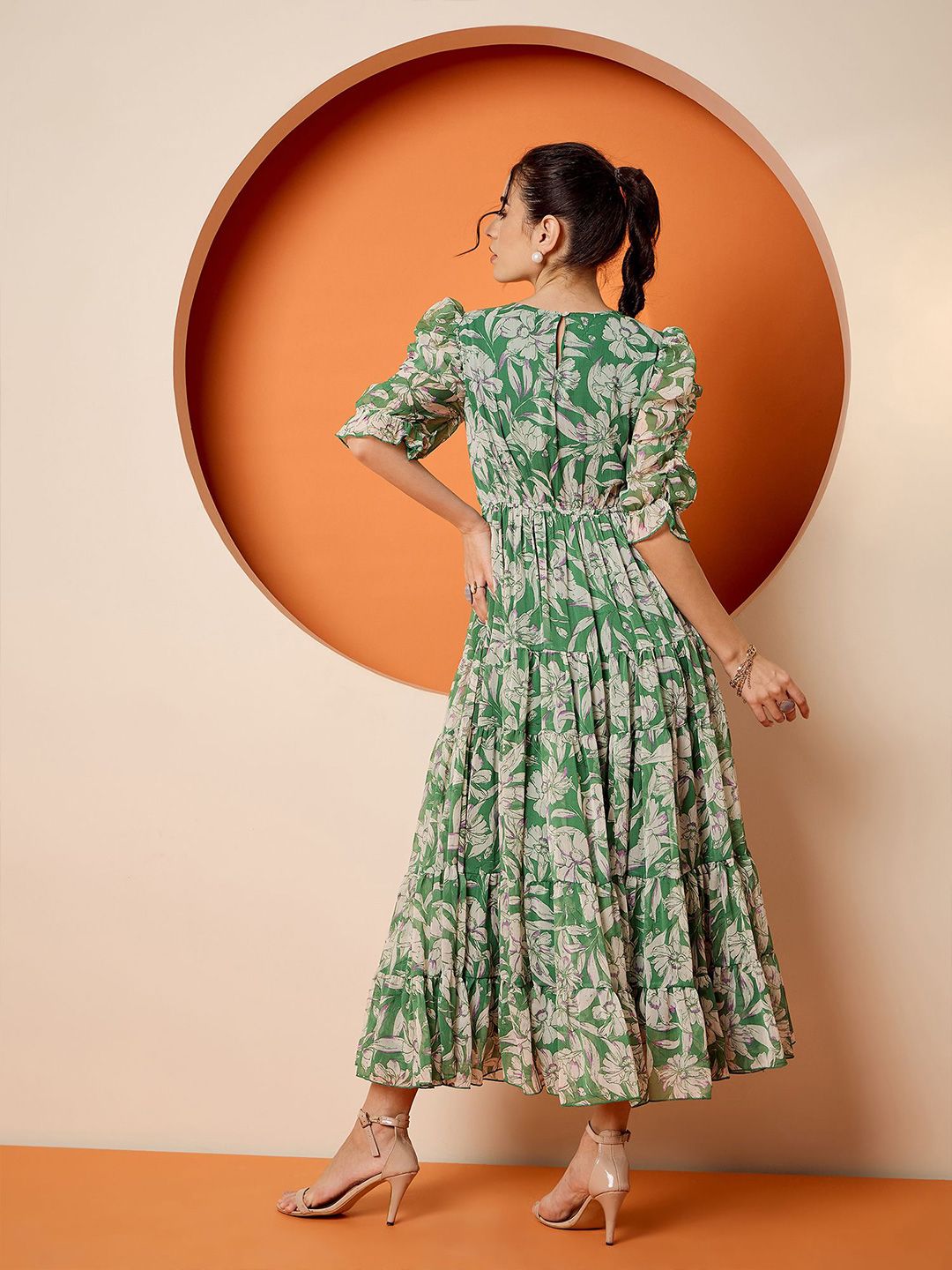 Antheaa Women Tropical Embellished Flutter Sleeve Chiffon Fit & Flare Dress