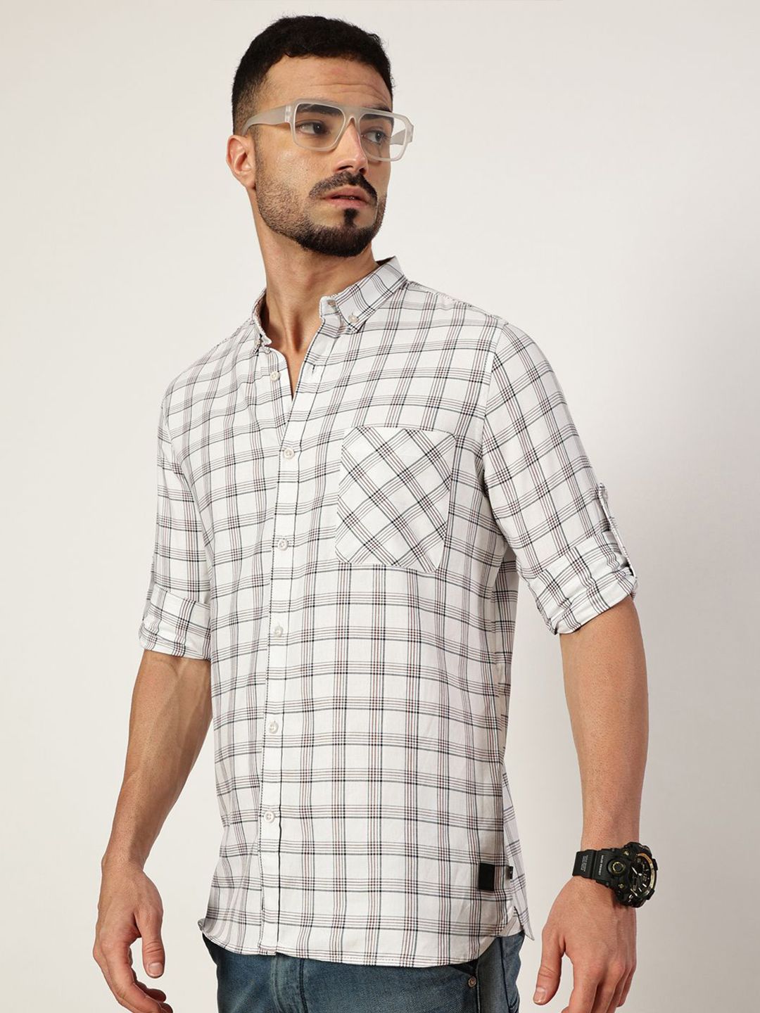 Thomas Scott Men Premium Slim Fit Opaque Checked Casual Shirt