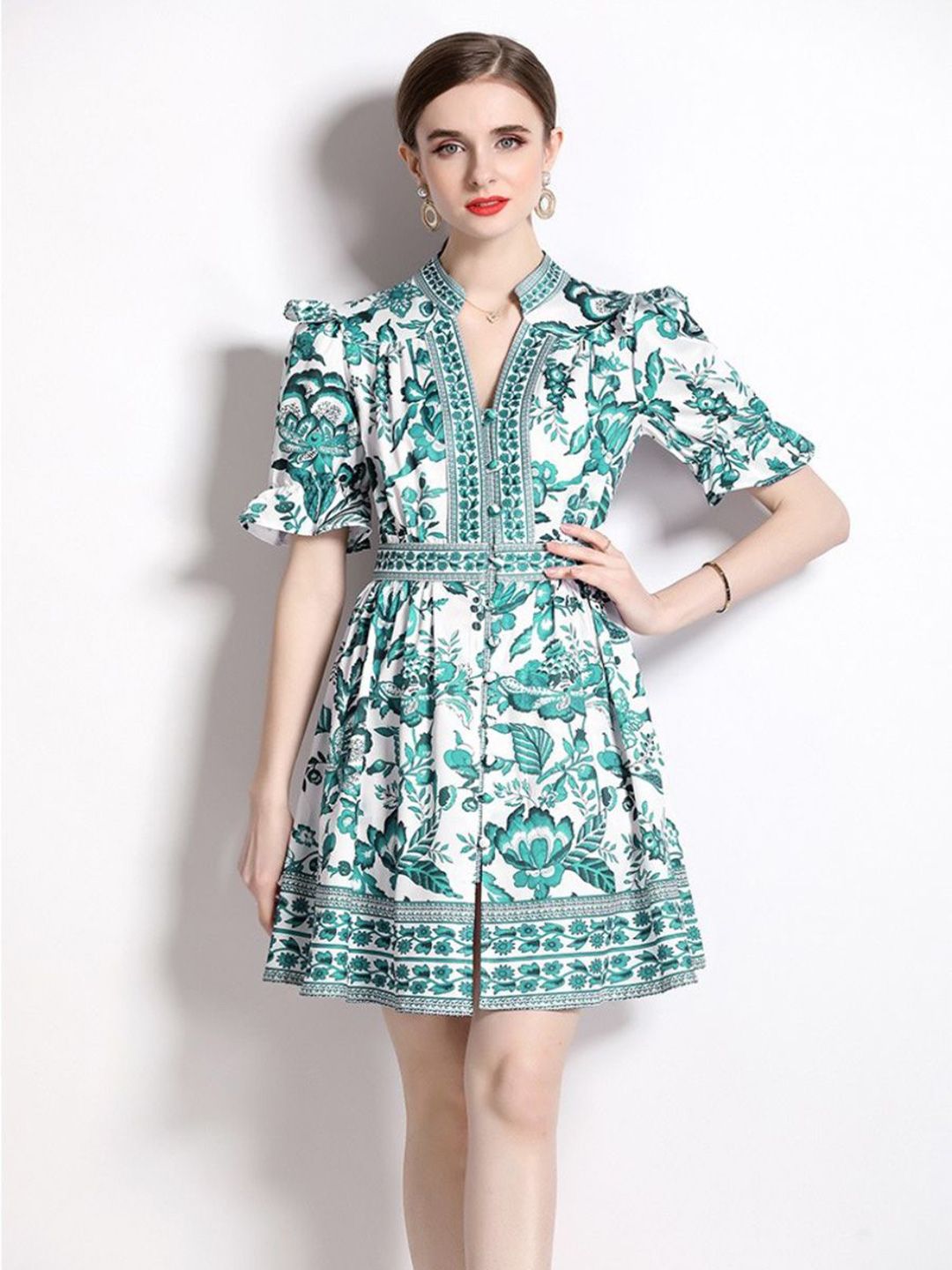 all about you Women Floral Print Puff Sleeve Ruffled A-Line Mini Dress