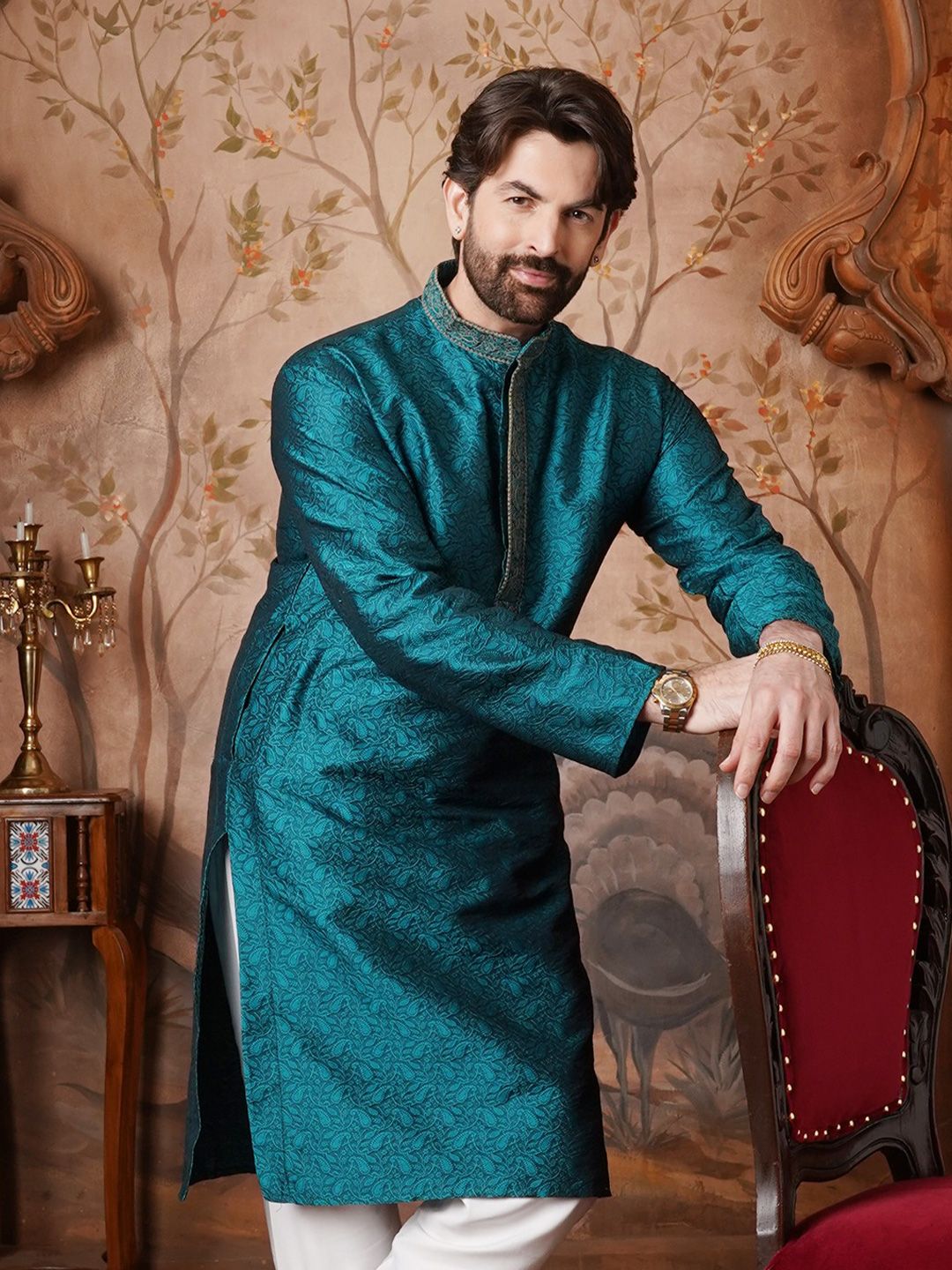 SOJANYA Men Teal Woven Design Straight Kurta
