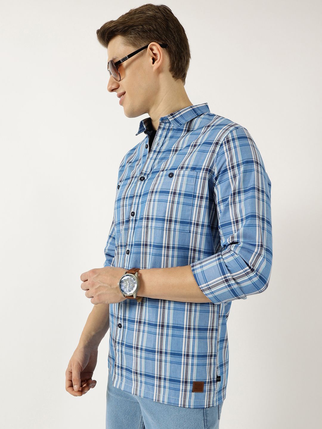 Thomas Scott Men Classic Spread Collar Tartan Checked Cotton Slim Fit Casual Shirt