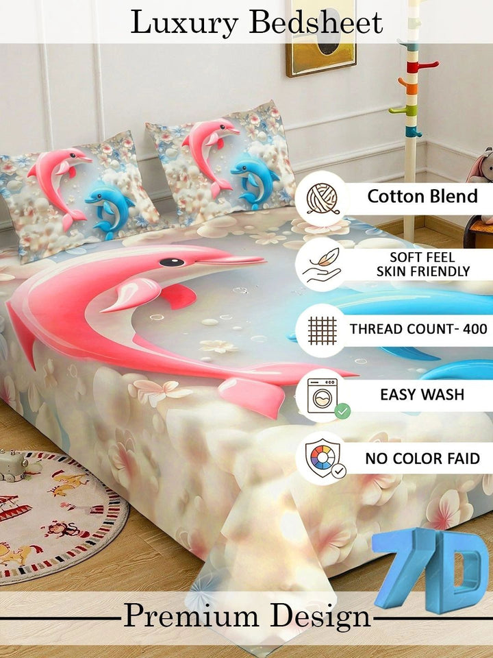 Multi Cartoon Printed 7D 400 TC King Size Superfine Bedsheet With 2 Pillow Cover