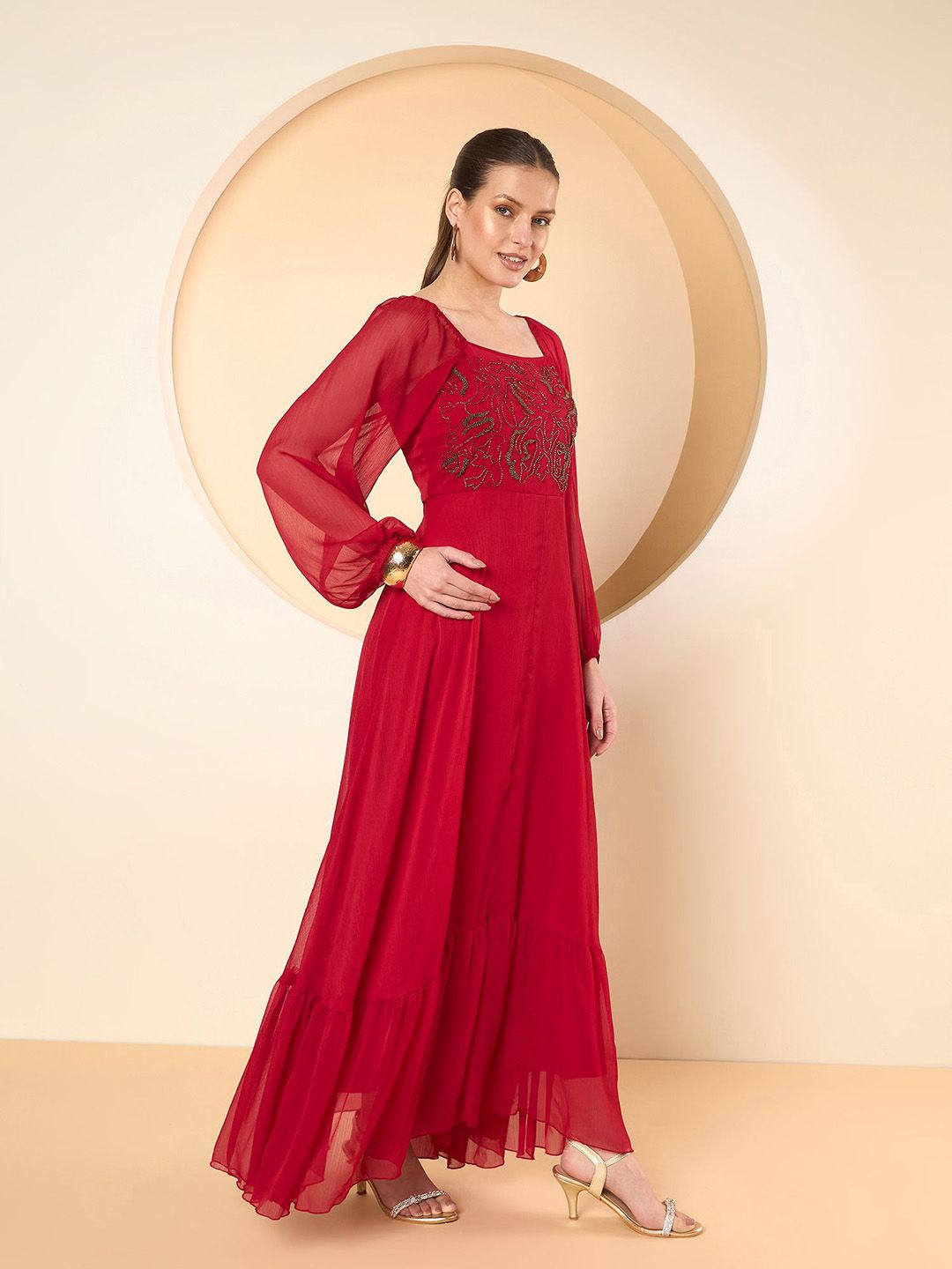 Antheaa Women Square Neck Chiffon Maxi Dress