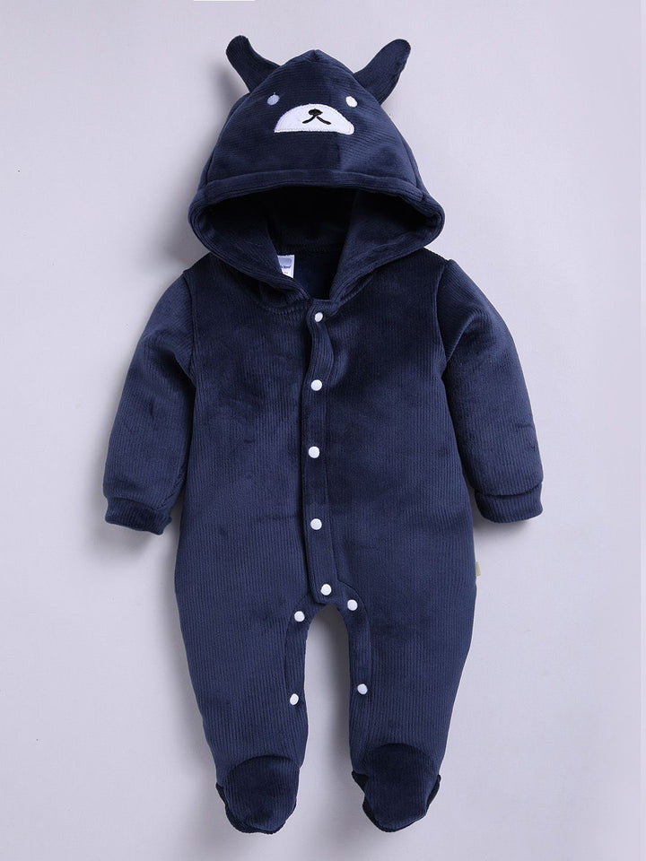 Moms Love Infant Boys Pure Cotton Velvet Finish Hooded Sleepsuit