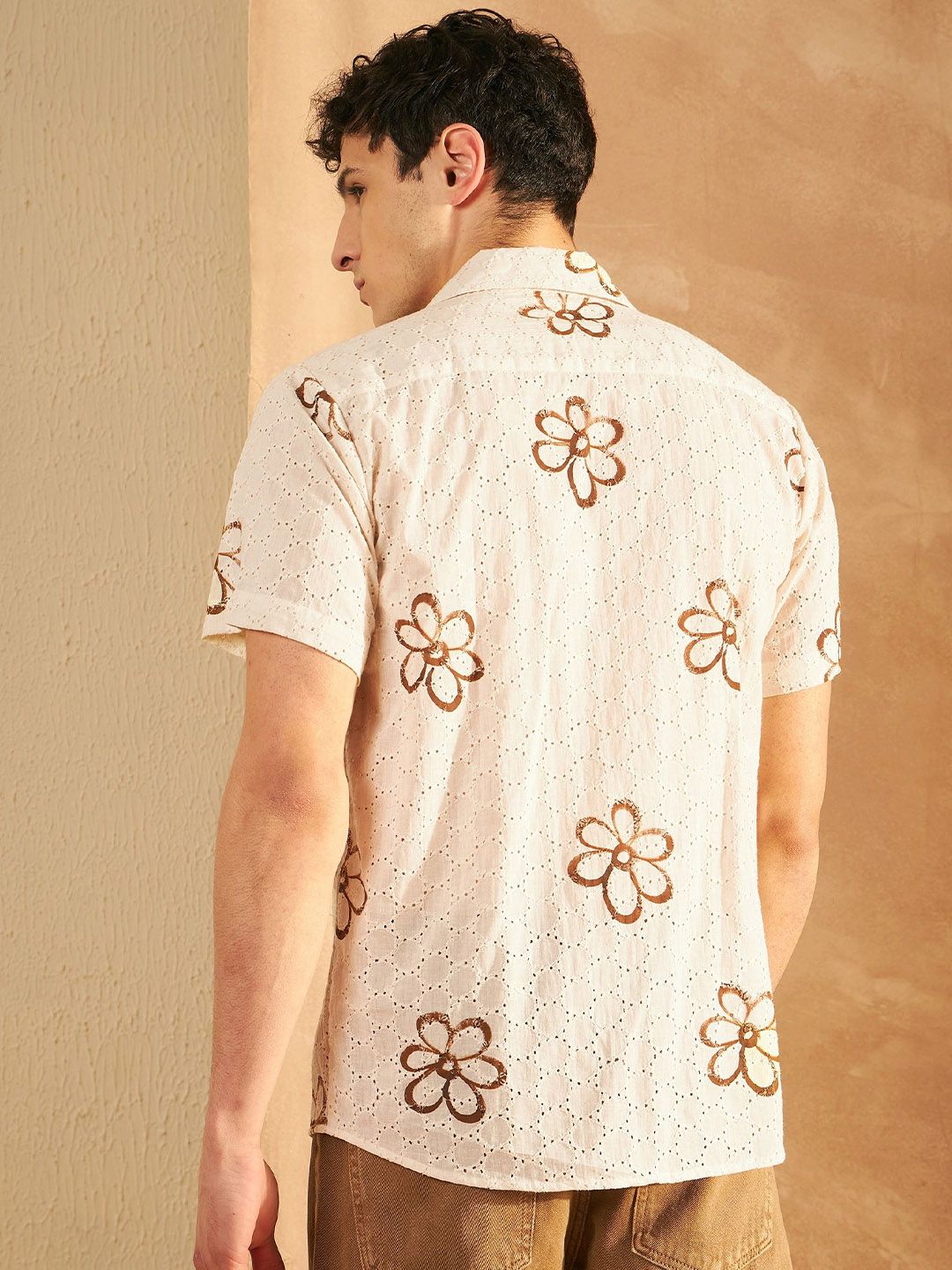 DENNISON Men Schiffli Block Printed Oversized Casual Shirt